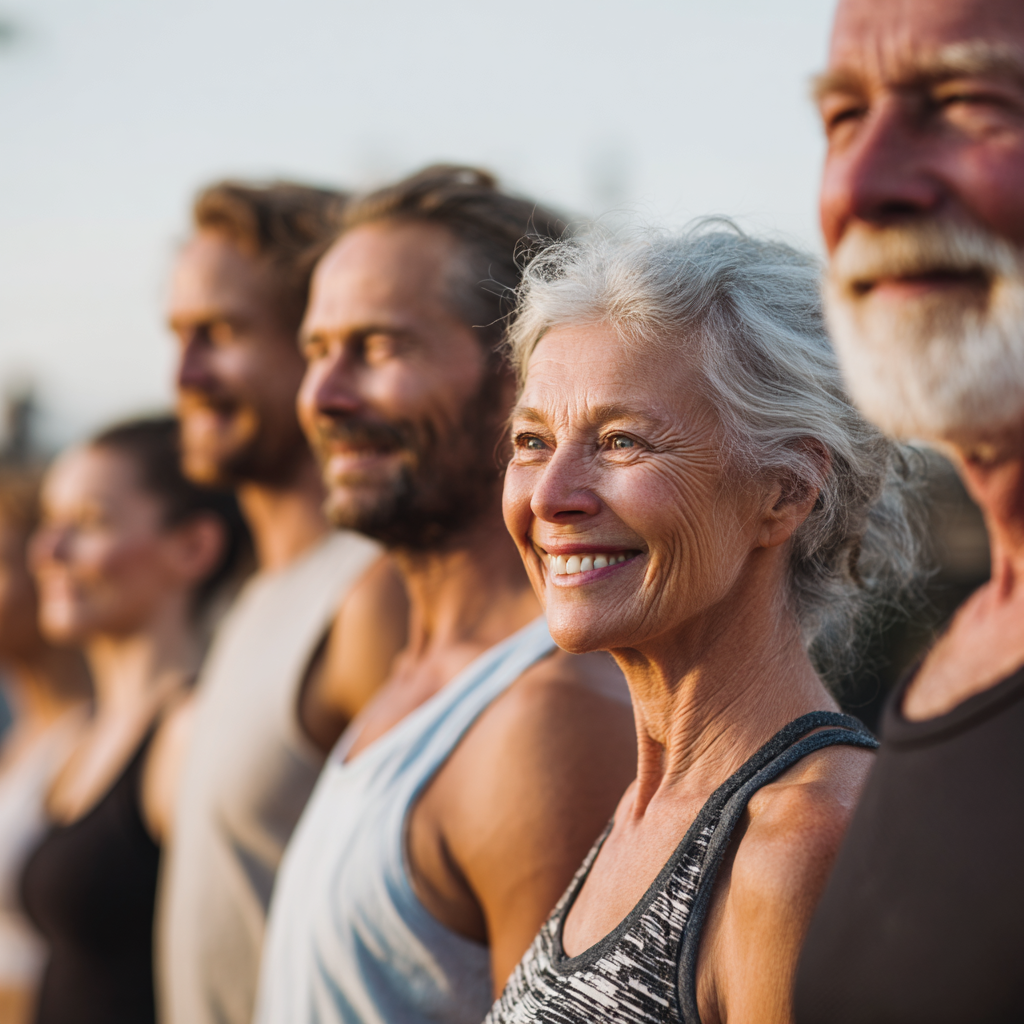 Smiling middle-aged European woman holding fresh vegetables and fruits, representing healthy nutrition and glowing skin, realistic photography style